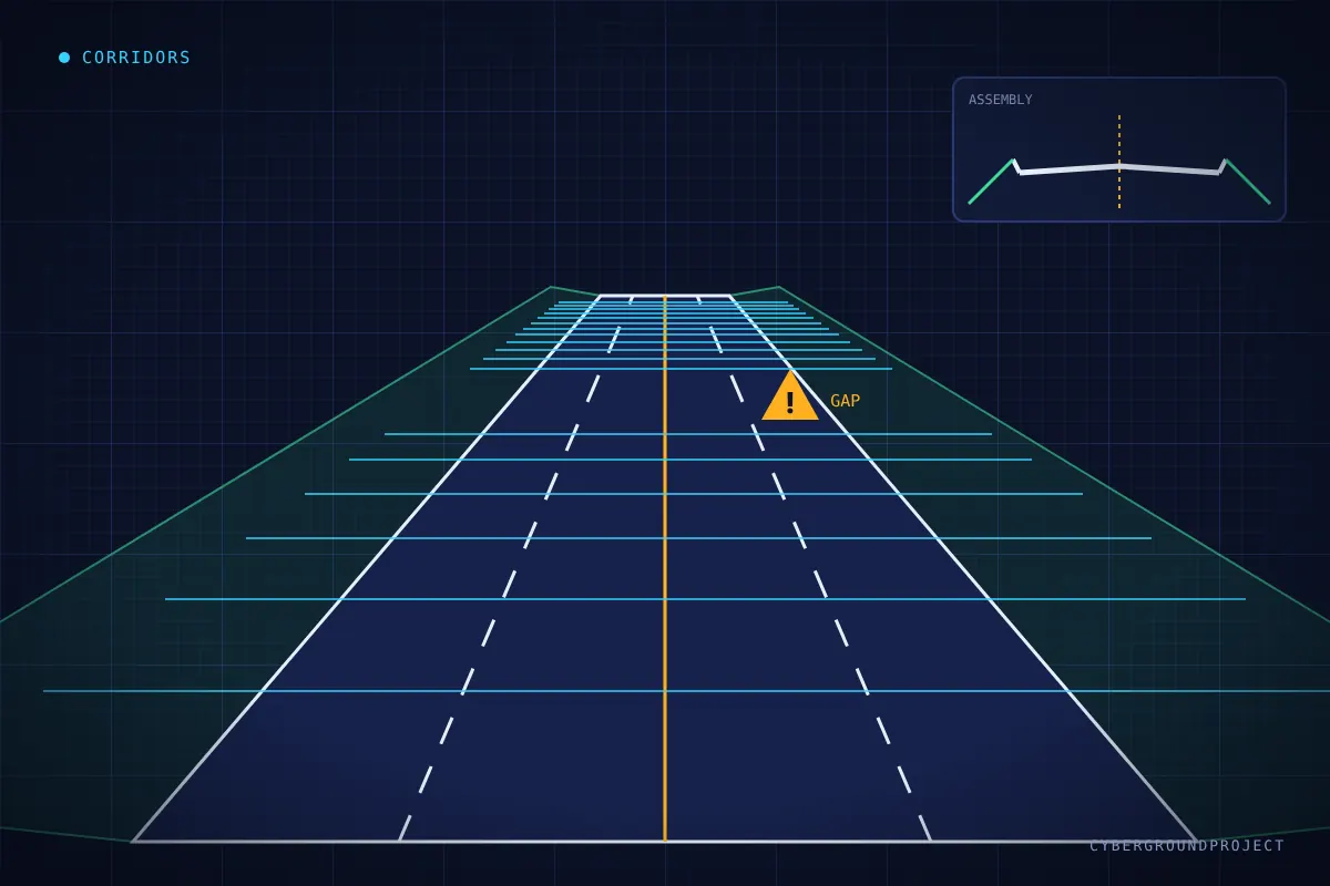 Road corridor in perspective with section frequency lines, daylight slopes, a warning at missing sections and an assembly inset
