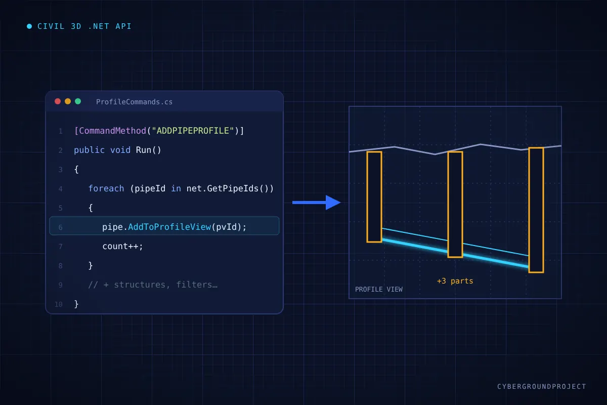 C# code calling AddToProfileView, with an arrow to a Civil 3D profile view showing pipes and manholes